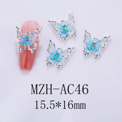 Nail Art Deco Silver Metal Aqua Crystal Butterfly Charm Y01-MZH-AC46 image 0