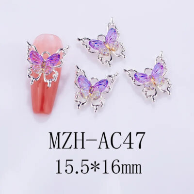 Nail Art Deco Silver Metal Violet Crystal Butterfly Charm Y01-MZH-AC47 image 0